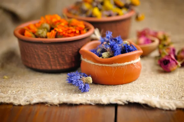 Healing herbs on sackcloth, dried flowers, herbal medicine