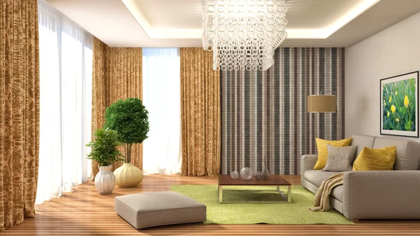 Interior with sofa and yellow curtains. 3d illustration