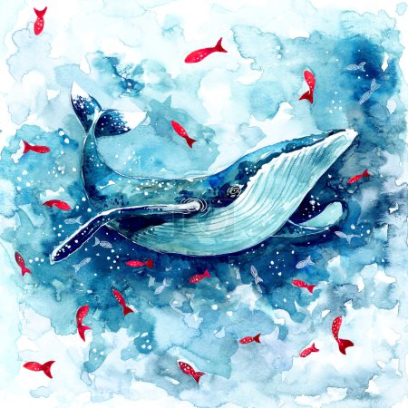 水彩的鲸鱼.手绘插画